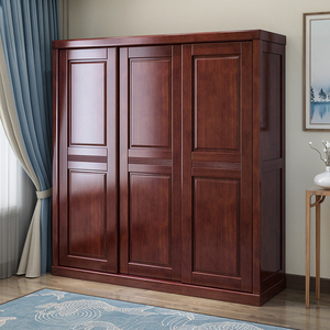 推拉门实木衣柜新中式小户型卧室带镜子收纳2门3滑移门衣橱经济型