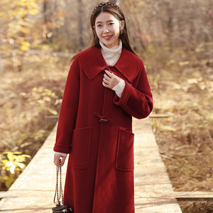 小个子高级感娃娃领双面羊绒大衣红色毛呢外套女2022年新款早春装