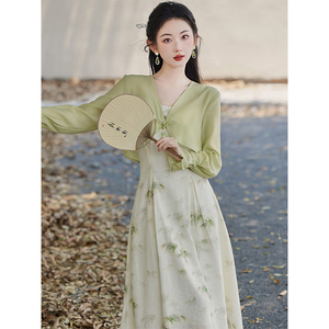 新中式雪纺防晒开衫女夏薄款外搭配吊带裙子披肩罩衫短款绿色上衣