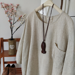 【十年老店】素色粗麻布衣圆领t恤女装大码宽松禅意棉麻上衣半袖