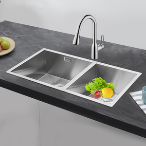 摩恩加厚304不锈钢双槽800mm手工槽厨房水槽台上台下洗菜盆洗碗池