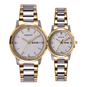 鹏志(pangchi)休闲简约镶钻双日历实心钢带情侣手表一对韩版时