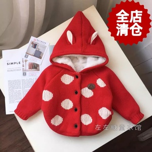 韩国童装阿鲁冬季新款女童宝宝大红色波点加绒加厚毛衣外套斗篷