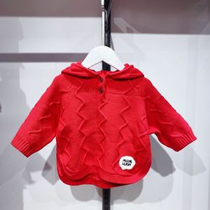 跟dan 秋冬款连帽大红色毛衣洋气宝宝儿童针织披风毛线女孩可爱
