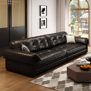 美式真皮沙发客厅小户型中古直排头层牛皮黑色沙发2024新款复古风