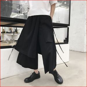 夏季暗黑系男士宽松休闲裤发型师阔腿裤裙裤潮男哈伦裤棉麻九分裤