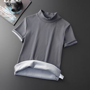 冬天保暖半高领短袖男士t恤修身加绒加厚中领半袖打底衫体恤上衣i