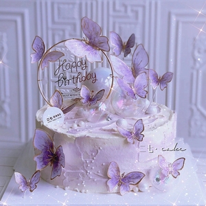热卖网红梦幻仙女蝴蝶蛋糕装饰插件幻彩球球仿真粉色紫色花色插牌