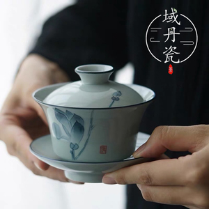 域丹瓷仿古手绘盖碗茶杯单个高档三才青花泡茶茶盏景德镇陶瓷茶碗