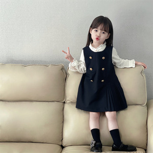 2024春装新款童装女童学院风连衣裙韩版中小童洋气衬衫裙子两件套
