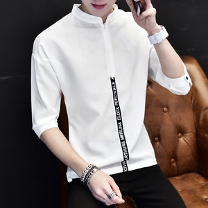 男士短袖衬衫男夏季韩版白色五分袖潮流t恤7分七分袖春秋个性衣服