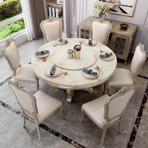 美式轻奢圆形大理石餐桌椅子餐厅带转盘创意实木现代简约欧式组合