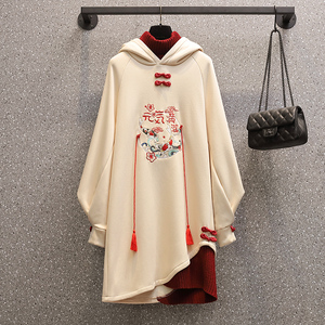 国风刺绣汉元素卫衣女2021年新款秋冬加绒加厚汉服大码唐装中国风