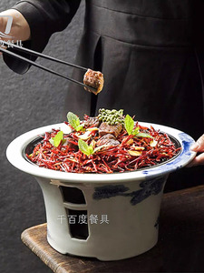 新品酒店创意餐特色铁板菜盘子青花陶瓷炙子烤肉盘中式烧保加热炉
