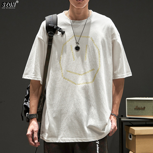 短袖t恤男港风日系宽松oversize半袖小清新印花百搭潮流ins五分袖