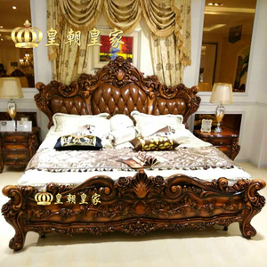 欧式床双人床主卧婚床实木2米别墅高档豪华奢华美式深色真牛皮B02