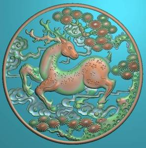 梅花鹿松树圆匾镂空带线木雕精雕图浮雕图jdp灰度图bmp