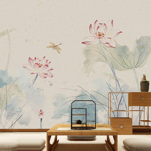 新中式水墨荷花墙纸沙发客厅电视背景墙壁纸现代印花壁画书房墙布