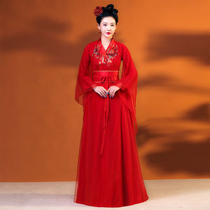 红色汉服婚服女改良古装中国风古风飘逸齐腰襦裙古典舞蹈演出服装