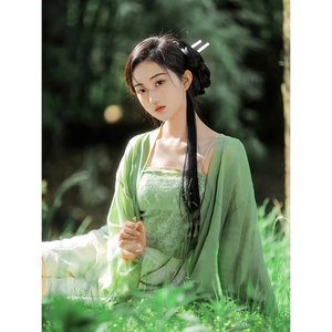 改良轻汉服女小个子绿色古装仙气飘逸古风连衣裙夏季薄款日常套装