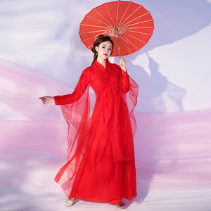 红色古装女汉服仙女飘逸清新淡雅仙气古风广袖舞蹈演出服拜年服