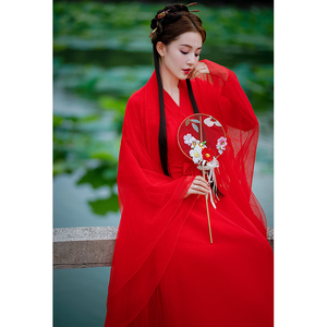 原创汉服女魏晋古风侠女古装中国风舞蹈演出服装红色显瘦套装秋冬