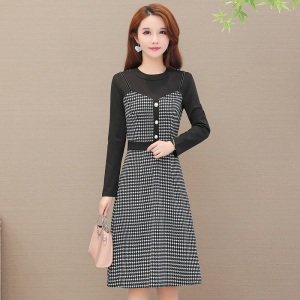 千鸟格子春秋天长袖妈妈连衣裙秋装2020年新款女气质正式场合裙子
