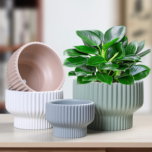 北欧简约陶瓷花盆竖纹创意亚白高款特大中号家用阳台绿萝兰花绿植