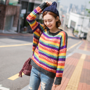 彩虹毛衣女套头宽松条纹韩版甜美彩条秋冬加厚短款拼色撞色针织衫