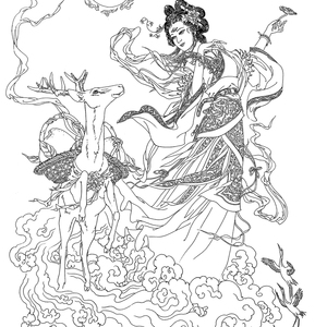 工笔画打印白描底稿竖幅麻姑献寿图无彩图非高清初学者临摹线描