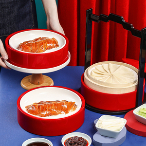 新中式圆形大红三层仿漆器盒片皮烤鸭套装盘子拾久北京菜餐具包邮