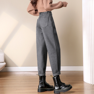 羊毛毛呢哈伦裤女冬季2022年新款灰色裤子九分小个子萝卜老爹靴裤
