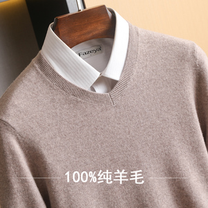 商务休闲纯色男士羊毛衫V领100纯羊毛衣套头长袖羊绒衫中年秋冬季