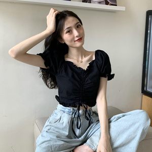 设计感小众抽绳短款露肚脐v领上衣女2023年新款夏季短袖t恤衬衫潮