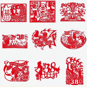 38女神节剪纸成品妇女节双面红色宣纸刻纸图案活动底稿窗花贴定制