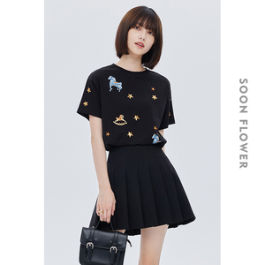 韩版黑色上衣今年流行爆款夏季宽松卡通刺绣短袖t恤女2024年新款