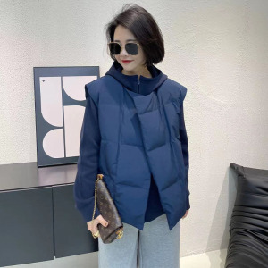 欧货爆款小众设计感藏蓝色白鸭绒羽绒马甲外搭叠穿女2023冬季新款