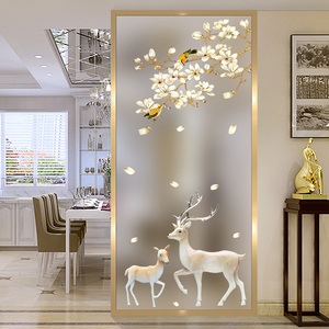 定制艺术玻璃屏风隔断墙客厅入户玄关磨砂透光工艺双面鞋柜发财鹿