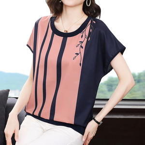 夏装女士大码宽松冰丝半袖t恤胖mm妈妈棉背心半袖洋气条纹上衣衫