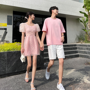 法式不一样的情侣装 夏季一裙一衣小个子方领仙女a字 网纱裙短款