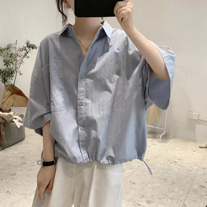 韩国夏季新款七分袖衬衫女宽松大码显瘦半袖蝙蝠型文艺棉质大口袋