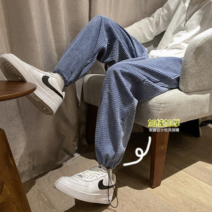 雾霾蓝灯芯绒裤子女秋冬加绒加厚韩版学生慵懒风直筒束脚运动裤子