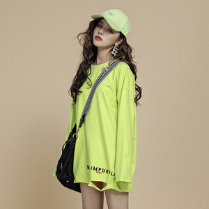 荧光绿t恤女长袖网红ins超火韩版宽松中长款过臀纯棉荧光色上衣潮