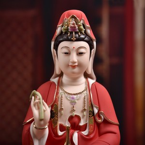 陶瓷红衣观音菩萨佛像佛摆件供奉南海家用坐莲观世音菩萨像