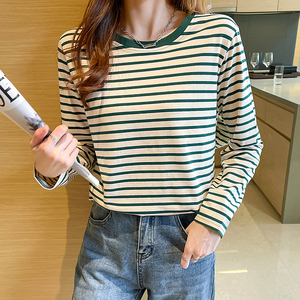 官网正品2023春季款以纯02纯棉t恤女黑白条纹长袖新款上衣打底衫