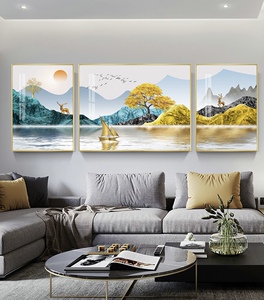 晶瓷山水招财三联画新中式客厅装饰画现代简约沙发背景墙家庭轻奢