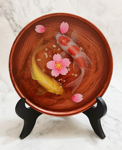 纯手绘3d木盘立体树脂画金鱼*创意定制生日礼品摆件*礼盒装包邮