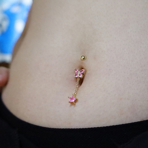 6杆医用不锈钢杆保色电镀飞舞蝴蝶锆石肚脐环气质流苏长款a