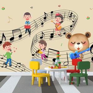 手绘乐器墙纸游乐园幼儿园钢琴舞蹈室儿童房立体卡通音符背景壁纸