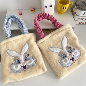 闪亮兔子小手提包包女ins韩风毛绒绒百搭褶皱可爱甜美淑女手拎包